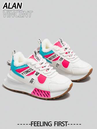  Alan Vincent[Warm Sneakers Series]White And Red Platform Sneakers Women's Casual Sports Shoes Winter Warm Women's Outdoor Shoes Fashion And Comfortable