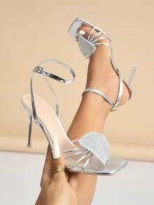 Women's High Heels, Fashion Rhinestone Triangle Design, Sexy Criss-Cross Strap, Square Toe, Electroplated Silver Color, Adjustable Ankle Strap, Soft Snakeskin Texture, Suitable For Spring/Summer, Night Party, Travel, Shopping, Gathering, Ball, Commuting, Runway, Elegant, Avant-Garde, Luxurious, Versatile With Autumn Outfits, High-End Banquet, Stylish Silver High Heel Sandals - Silver - View 1