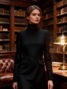 Women's Black Turtleneck A-Line Midi Dress - Asymmetric Hem Pockets Long Sleeve Formal Office All-Season - màu đen - Xem 2
