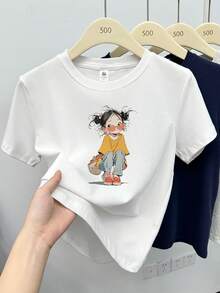 Women's Slim Fit Full Shoulder Round Neck Short Sleeve T-Shirt - Retro Cartoon Print Summer Casual Top, Japanese And Korean Style Machine Washable Women's T-Shirt