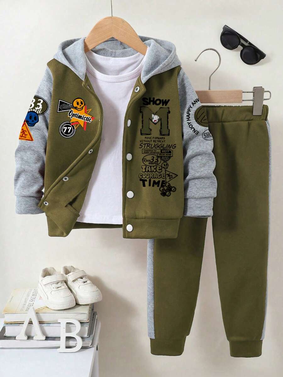 Boys' Letter Print Baseball Jacket And Pants Set - Army Green - View 1