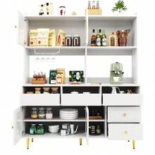 Tall Dining Room Cabinet (145 X 39 X 171) With Perforated Glass Doors, Wine Glass Rack, Multi-Level Storage, Elegant Black With Gold Decoration, Suitable For Dining Room Use (Previous Sku: N620P1915222324S) - White + MDF - 查看 7