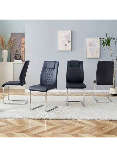 Zwart PU Dining Stoel In Nordic (Four Chairs Inside Box) Mesh Stitching Shiny Zilver Metal Legs Non Slip Feet, Versatility. view 7