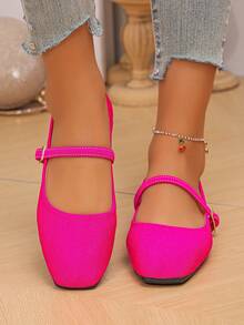 女士宽楦平底鞋，方头，休闲百搭，适合搭配连衣裙，灰粉色，尺码35-43，春秋季，芭蕾平底鞋 - 玫紅色布面細紋 - 查看 6