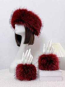 人造毛皮发箍和耳套套装 | 弹力蓬松狐狸毛波西米亚风发饰，女士适用 | 冬季节日派对头饰（1 套）蓬松发箍、毛绒耳罩、冬季发带、波西米亚风配饰、节日装备、情人节礼物
