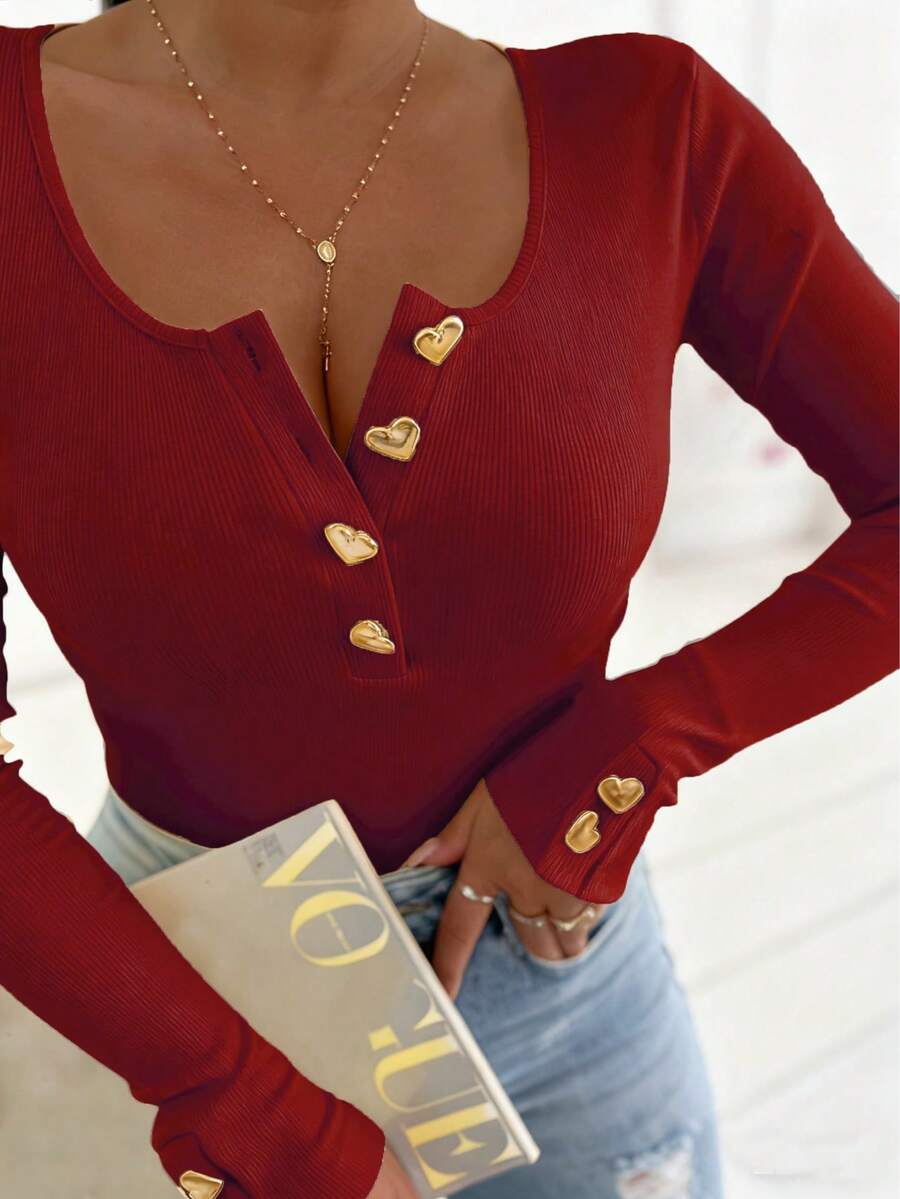 Yuyi Clothing U領半開襟愛心金屬鈕扣羅紋長袖上衣,修身針織背心 - 紅色 - 查看 1