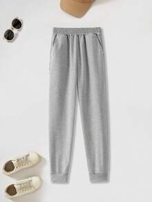 Ropa para adolescentes y mujeres jóvenes: Sudadera de cuello redondo gris combinada con pantalón de chándal gris - Gris - Ver 5