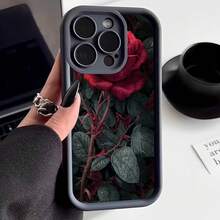 Cubierta de telefono con diseño de rosa roja y hojas oscuras color negro para iPhone elegante y estiloso ideal para uso diario y ocasiones especiales - Negro - Ver 1
