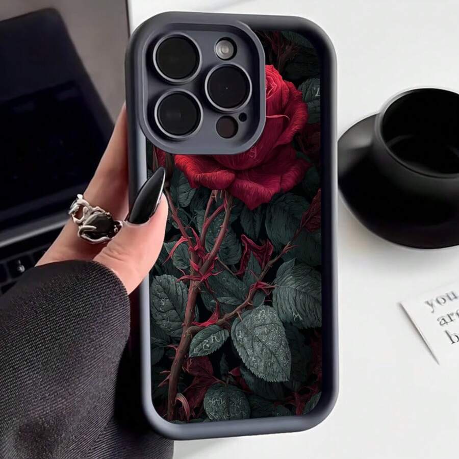 Cubierta de telefono con diseño de rosa roja y hojas oscuras color negro para iPhone elegante y estiloso ideal para uso diario y ocasiones especiales - Negro - Ver 1