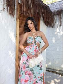 Vestido Feminino Longo Floral Verão 2025 Look com Recortes e Alças Trançadas - Verde Menta Floral - Visão 1
