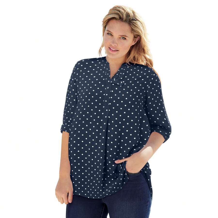 Woman Within Plus Size Rayon 7-Day Three-Quarter Sleeve Tab-Front Tunic - NAVY DOT - View 1
