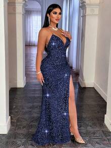 CHOSMO Đầm xòe lưng cao hở lưng đính sequin màu xanh nước biển, dây xích kim loại, váy dạ hội thanh lịch cho quý cô dự tiệc khiêu vũ, tiệc cưới, tiệc cocktail - Màu xanh hải quân - Xem 7