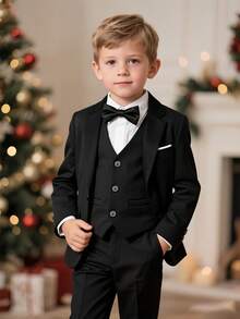 4 Piece Boys Gentleman Suit Boys Elegant Black Formal Flat Collar Blazer Vest Trousers Tie Suitable For All Seasons