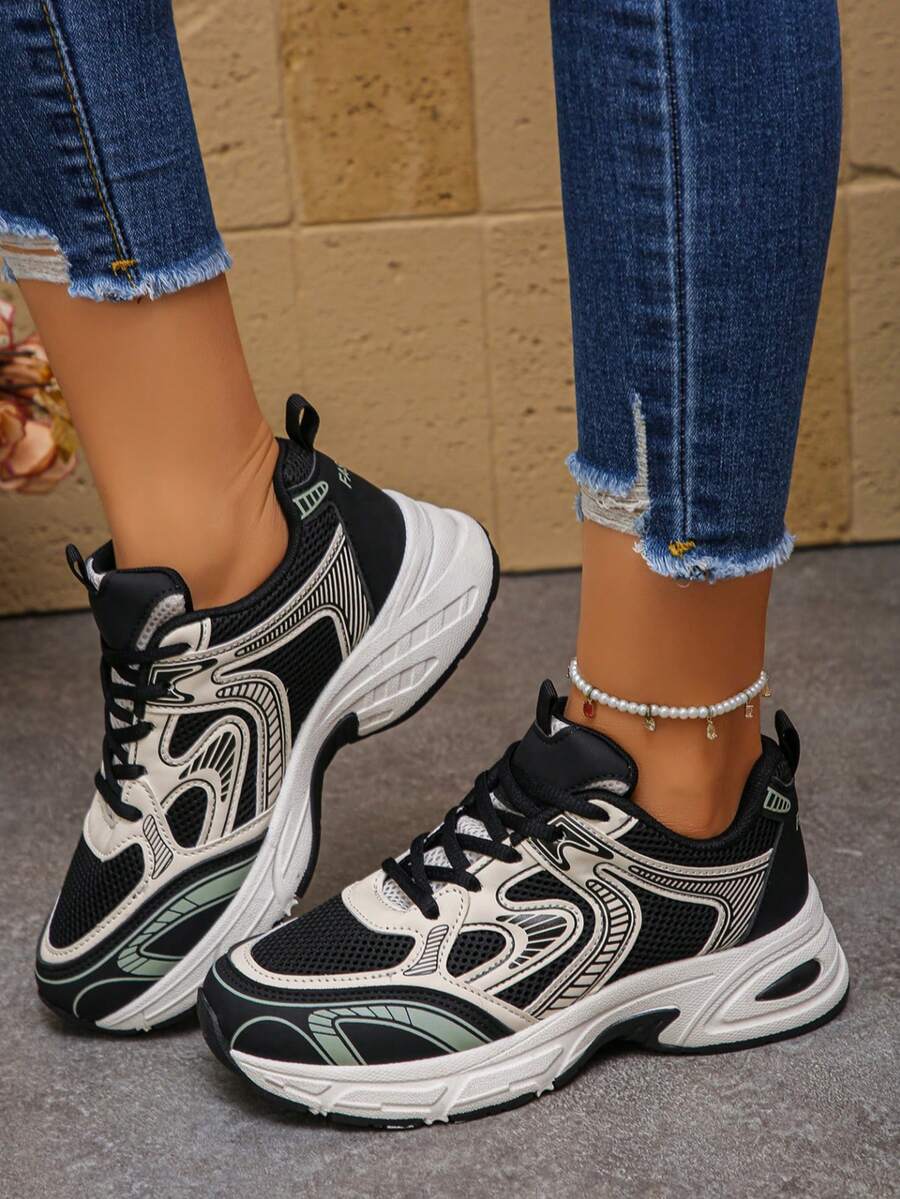 Women's Thick Sole Mesh Casual Sneakers, Athletic Style Chunky Sneakers - Black - View 1