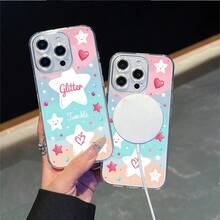 CLEAR  CASE Cute Stars And Hearts With Glitter And Twinkle TextCompatible With  11 To  17 Models The Cases Lens Protection Function Ensures The Camera Remains Undamaged During Shooting  Guaranteeing Image Quality - Clear - View 2