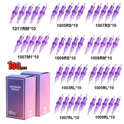 100 pezzi/Scatola Aghi per tatuaggi monouso professionali di misure miste - 3RL+5RL+7RL+9RL+5RS+7RS+9RS+9RM+11RM+7M1 Aghi per trucco permanente per sopracciglia e labbra di colore viola, adatti per macchinette per tatuaggi