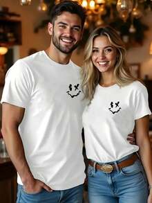 1PC Envío Local - Regalo de San Valentín, Camiseta de Pareja - Camiseta a Juego para Él y Ella - Diseño de Conjunto Romántico con Patrón de , Cuello Redondo Casual de Manga Corta - Ropa de Verano o Noche de Citas, Adecuado para Uso Diario Casual, Adecuado como Regalo - Mujeres - Blancas - Ver 10
