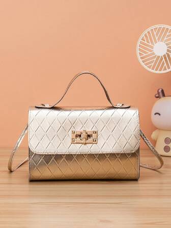 金色女士手提包，格子时尚小方包，简约轻便化妆包