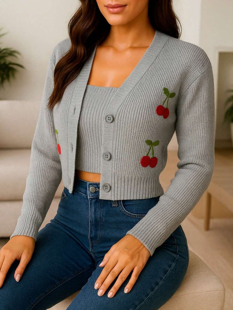 Elegante cárdigan corto negro para mujer, de punto acanalado, con cuello en V, manga larga y botones al frente. - Gris - Ver 1