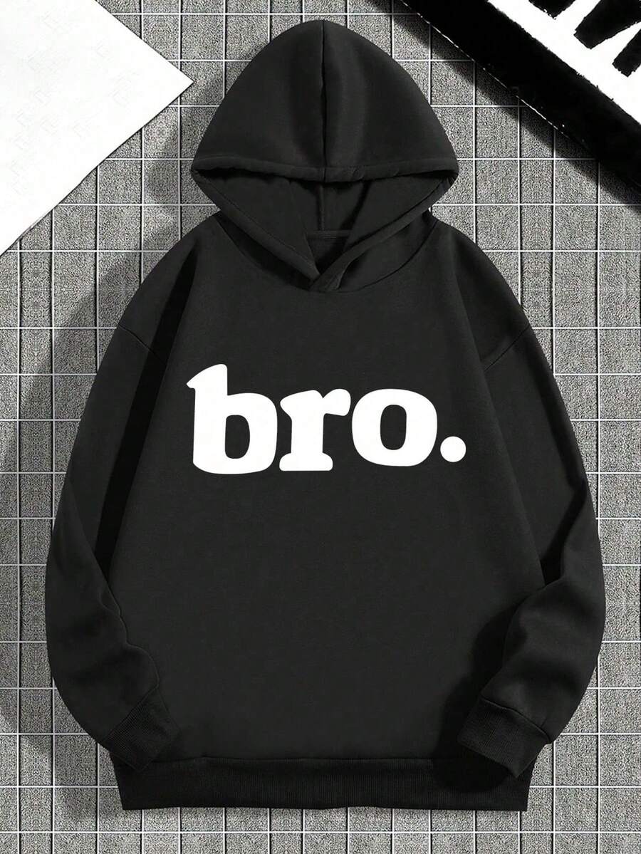 Teens/Tween Boy Bro Letter Print Dropped Shoulder Casual Sweatshirt, Autumn/Winter - Black - View 1