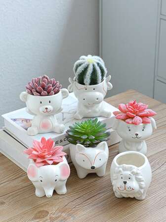 Juego de 6 macetas de cerámica con flores pintadas a mano, macetas de porcelana blanca con diseños de animales de dibujos animados, adecuadas para balcones interiores y exteriores, macetas creativas para decoración del hogar y jardín en terrazas interiores y exteriores