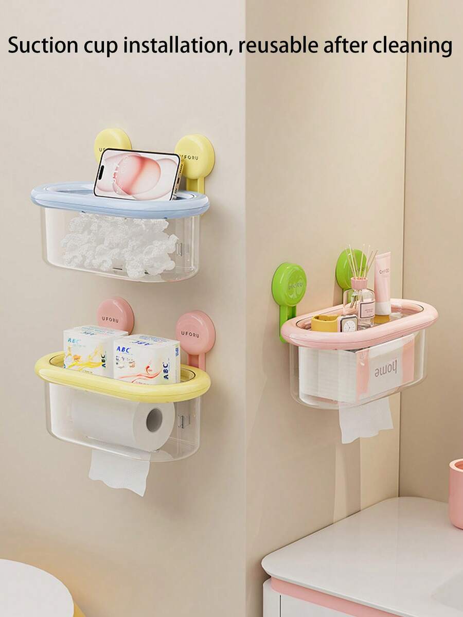1个壁挂式吸盘纸巾盒，防水浴室卫生纸架带盖，无需钻孔 - 彩色 - 查看 1