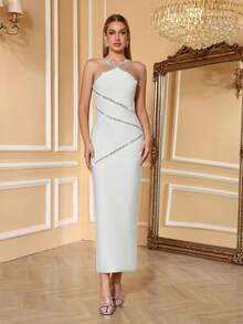 Love Aing Women's White Dress, Luxurious Wedding Guest Party Holiday Handmade Crystal Chain Halter Sexy Elegant Ball Gown, Romantic Formal Occasion Evening Dress Spring - White - View 2