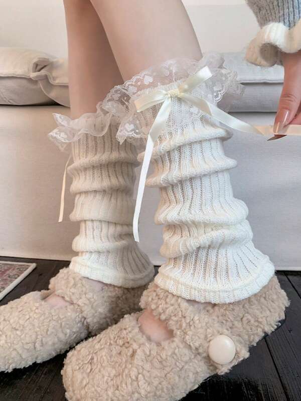 1 Pair Women's Knitted Lace Trim Bow Leg Warmers, Loose Socks/Fashionable Lolita, Ballet Style, Suitable For Daily Wear With Wool Boots, Boots, Arm Warmers
