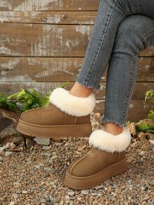 Botas de nieve de mujer de invierno de piel sintética color caqui con puntera redonda, esponjoso forro de piel, de fácil deslizamiento, zapatos planos cómodos de invierno, zapatos casuales de estudiante, zapatos elegantes para mujer