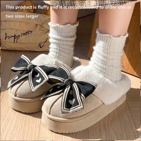 2025 New Arrival Women's Plush Slippers With Bow Decor, Casual & Versatile, Warm For Indoor & Outdoor Wear, Simple & Comfortable Plush Slippers