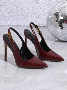 Women's Shiny Stone Texture Buckle Stiletto High Heels, Burgundy Color, 2025 New Arrival,Stilletos Heels - Burgundy - View 5