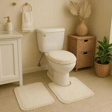 3 Piece Cotton Bathroom Rug Kit Bathroom Set Boho Stripes Decor With Fringe - Màu be - Xem 2