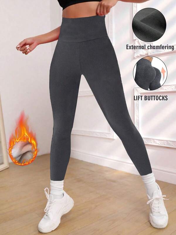 1pc Women's High Waist Warm 8/9 Length Leggings, Comfortable Soft Opaque Fabric - Elastic, Slim Fit, High Waist, Solid Color, Warm Fleece Lined Leggings, Autumn/Winter Warm Stretchy Skinny Pants, Suitable For Cold Weather