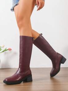 女士加大码黑色紧身弹力靴，休闲优雅商务夜店风格，后拉链和搭扣设计，方头粗跟高筒靴，酒红色，适合秋冬季户外、派对、办公室等场合穿着。 - 紅色 - 查看 6