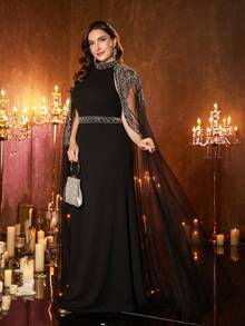 UNITHORSE Plus 女士立领超长袖针织拼接网纱奢华贴花装饰长款晚礼服，正式厚重晚礼服，适合颁奖典礼、晚宴和其他正式场合，情人节 - 黑色 - 查看 4