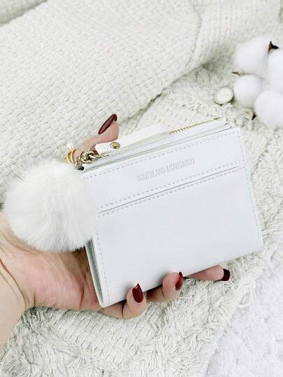 SOUTHLAND&KANGAROO This Foldable Small Wallet With Pom-Pom Decor And Letter Details Is Lightweight And Portable, Can Hold Credit Cards, Keys, Etc. Fashionable And Cute, Suitable As A Birthday Gift, Christmas Gift, Anniversary Gift, And Also Suitable For Women, Girls, Ladies, Business Professionals, Students, Dorm Supplies, And Back-To-School Items.