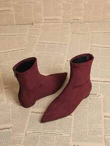 بوت نسائية برقبة قصيرة ذات كعب منخفض من الجلد الأحمر البوردو، بتصميم رأس مدبب وسحاب خلفي، مناسبة للأعمال والحفلات والزفاف والنوادي الليلية - عنابي اللون - مشاهدة 5