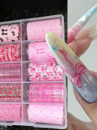 Cute Bow Cherry Print Nail Art Foils Transfer Stickers 10Pcs Nail Foils Sticker Paper Adhesive Decals Nail Supplies Laser Starry Sky Paper Manicure Accessories For Women Fall Nail Art Decorations