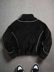 1pc Y2K Contrast Color Streetwear Style Fleece Jacket For Teenage Boys, American Short Minimalist Design, Warm & Comfortable, Suitable For Commuting, Casual Outings, Can Be Worn As An Open Front Cardigan