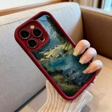 Cubierta de teléfono con borde negro y diseño de paisaje montañoso con lago cristalino para iPhone 14 Pro Max estilo natural escénico ideal para uso diario y viajes - Burdeos - Ver 6
