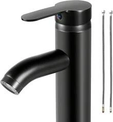 Monomando para Lavabo de Baño,VAGALBOX Grifo de Baño de un Orificio, Grifos de Cocina Grifo, Llave para Lavabo de Baño Agua Caliente y Fría Grifo con 2 Manguera - Negro - Ver 2