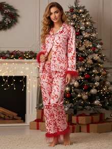 Conjunto de pijama navideño de moda para mujer: pijama de satén con estampado de lazo y ribete de pelo. - Burdeos - Ver 1