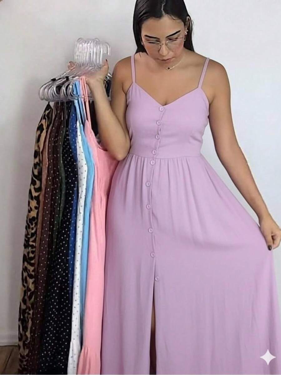 Long Dress In Viscose Linen, Plain, With Thin Straps, Buttons Down The Front, Padded Cups And Lining. Elasticated Back. - Lilas - View 1