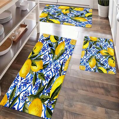 Lemon-Print Welcome Mat With A Lemon And Blue-And-White Tile Pattern. Suitable For Doorways, Balconies, Homes, And Indoor/Outdoor Use Areas. Made Of Durable, Machine-Washable Polyester. Ideal F