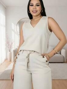 Women's Linen Set Pantacourt Pants With Pocket + Strappy Top - Women's Fashion - Beige - View 4