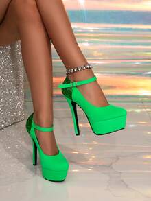 女士亮片拼接搭扣设计时尚魅力高跟鞋 - 綠色 - 查看 2