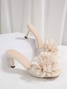 夏季花卉图案细高跟鞋，时尚网眼法式高跟凉鞋，适合约会、购物、通勤、商务、宴会、派对等场合。 - 米色 - 查看 4