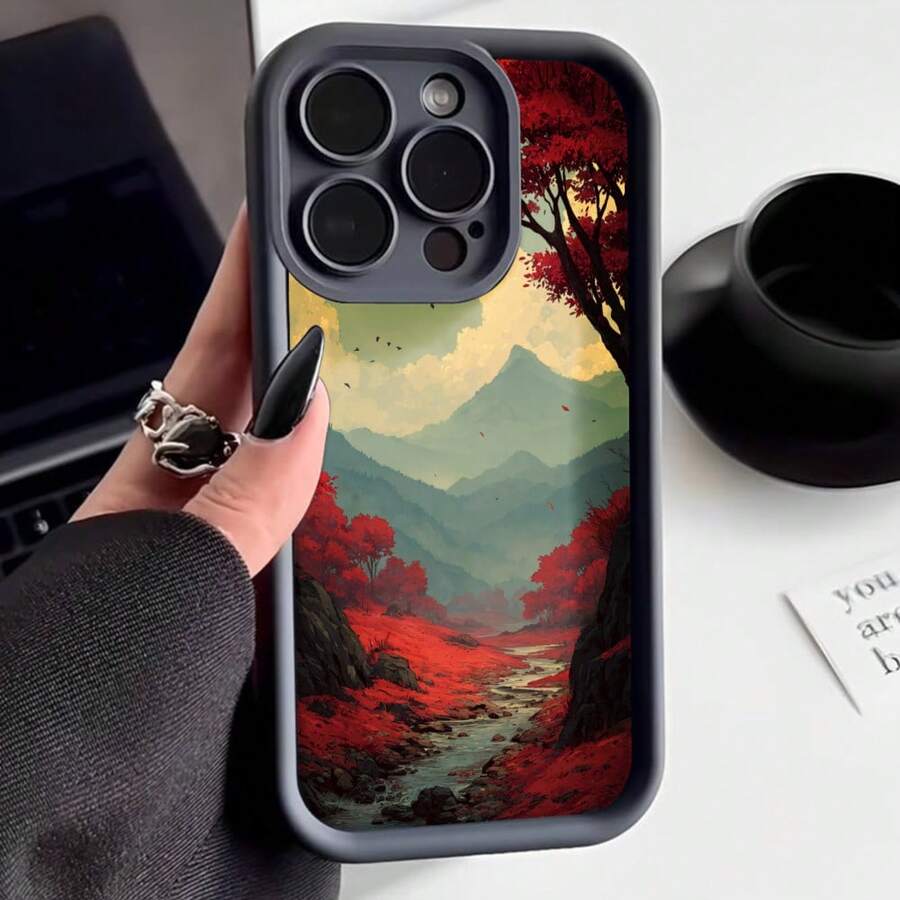 Cubierta de teléfono con borde protector color negro con estampado de paisaje montañoso otoñal en tonos rojos y verdes ideal para uso diario y protección contra golpes - Negro - Ver 1