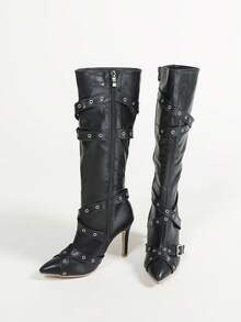 Giày bốt cao gót mũi nhọn phong cách Gothic cổ điển dành cho nữ, dây đeo chéo có khóa kéo, thiết kế khóa kéo bên hông, giày bốt đi xe giữ ấm lót nhiệt, thời trang đa năng, thon gọn, thích hợp để đi làm, hẹn hò, tiệc tùng, dạo phố - màu đen - Xem 8