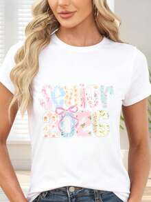 T-Shirt With Floral Print And Text Senior 2026 For Graduation - 白色 - 查看 6